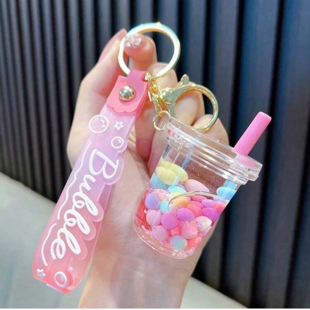 Pink Bubble Tea Keychain With Colorful Beads